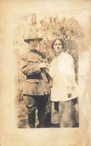 UNITED STATES WW1 SOLDIER IN UNIFORM WITH WOMAN~LOT OF 2 REAL PHOTO POSTCARDS