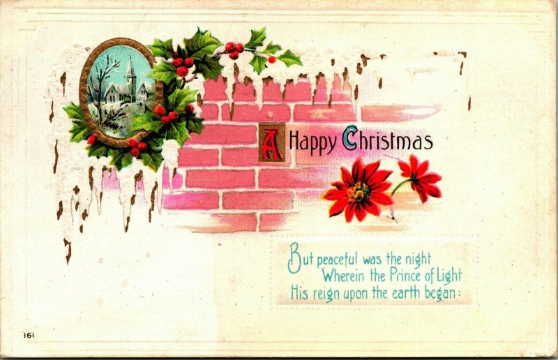 A Happy Christmas Holly Icicles Poinsettias Brick Wall 1916 DB Postcard C6