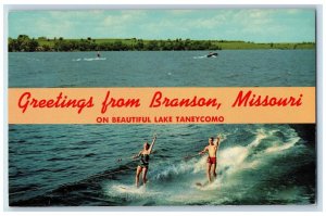 1970 Greetings From Branson MO, Beautiful Lake Taneycomo Surfing Banner Postcard