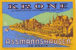 Germany Assmannshausen Hotel Krone Vintage Luggage Label sk3277