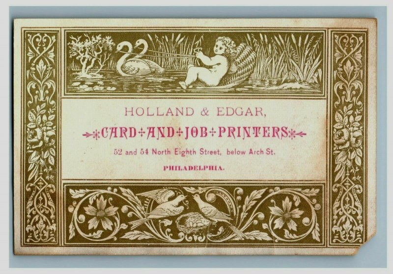 1870's Holland & Edgar Printers Card & Job Swans Pulling Cherub On Seashell P168