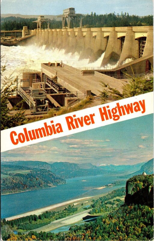 Columbia River Hwy Dual View Bonneville Dam Postcard VTG UNP Plastichrome Unused 