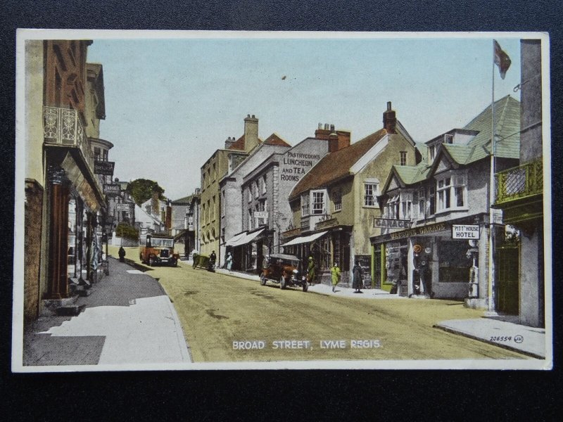 Dorset LYME REGIS Broad Street shows PITT HOUSE HOTEL & GARAGE c1920s Postcard
