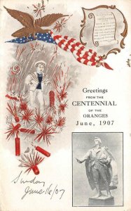 CENTENNIAL OF ORANGES EAST ORANGE NEW JERSEY TO ENGLAND PATRIOTIC POSTCARD 1907