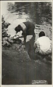 Batavia Java Indonesia Women Wash at River Ethnography Real Photo Postcard #2