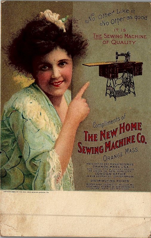 1909 ADVERTISING NEW HOME SEWING MACHINE CO ORANGE MASS VICTORIAN POSTCARD 25-43