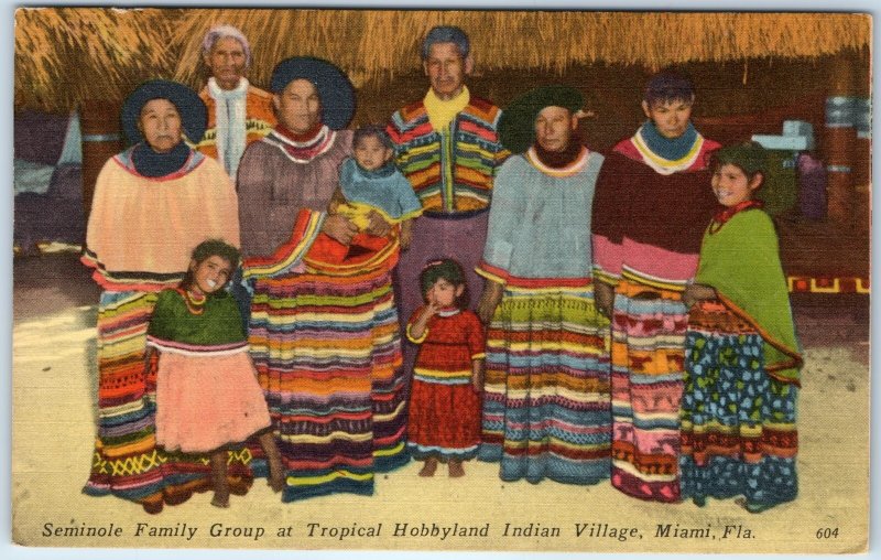 c1940s Miami FL Seminole Family Group Hobbyland Indian Village PC Cute Girl A263