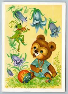 TEDDY BEAR and grasshopper bluebell Toys by Yurasova Russian Unposted postcard