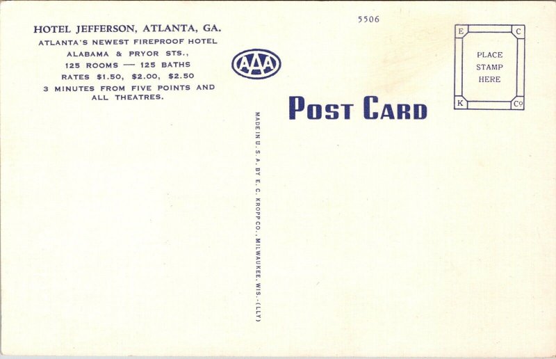 Postcard Mezzanine Lounge at Jefferson Hotel in Atlanta, Georgia~1716
