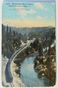 VINTAGE 1915 POSTCARD SACRAMENTO RIVER CANON MT. SHASTA OREGON railroad train