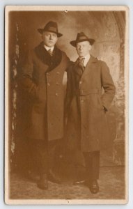 RPPC Two Men Fedora Hats Long Coats Studio Photo Postcard M25