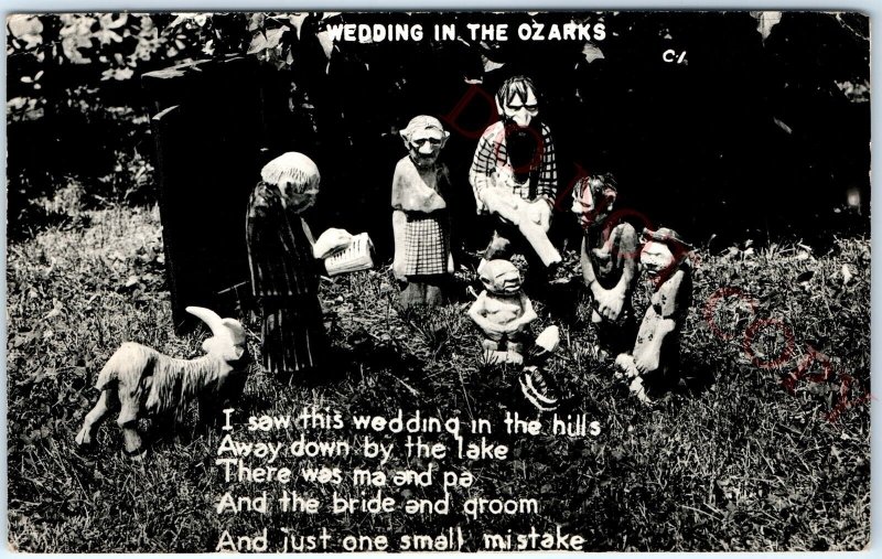 1950 Gnome Wedding in Ozarks RPPC Grass Stone Figures Real Photo Postcard A101 