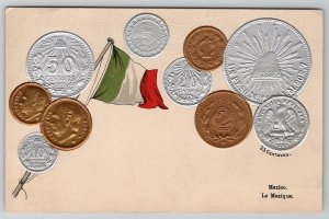 Mexico Coins And Patriotic Flag Embossed Metallic Finish Postcard B24