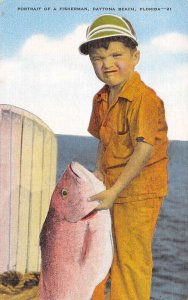 Daytona Beach Florida Portrait Of A Young Fisherman, Color Linen Postcard U9619