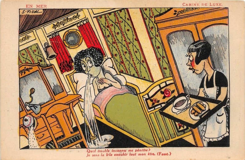 G19/ Interesting Postcard French Woman Green Throwing Up Puke Train S Tick