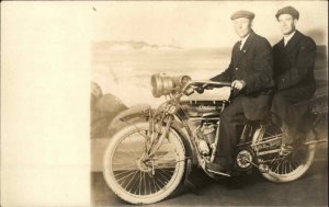 Men Sit on Indian Motorcycle in Studio c1910 Real Photo Postcard