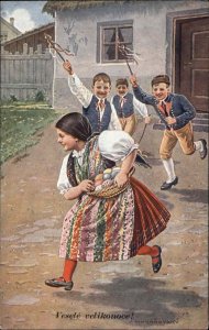 Easter Children Boys Chase Girl Decorated Eggs c1900s-10s Postcard