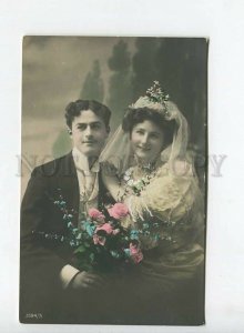 438396 Happy WEDDING Bride Groom Vintage PHOTO tinted postcard