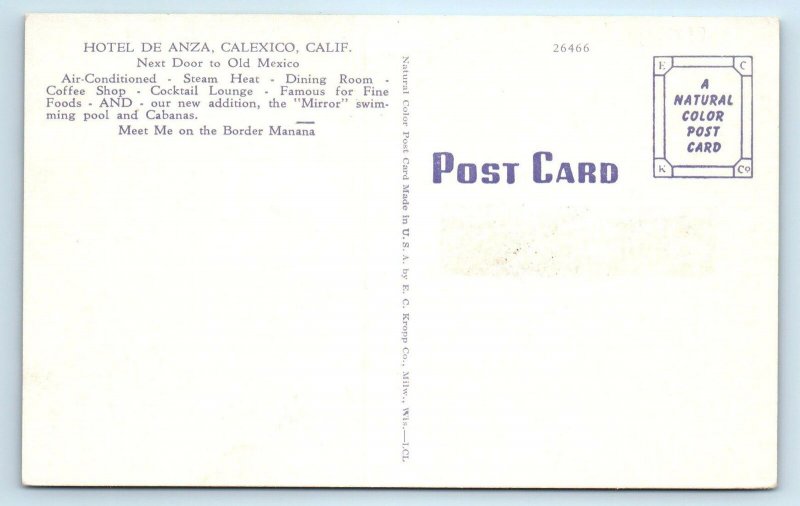 CALEXICO, CA ~ HOTEL de ANZA  c1940s Roadside Imperial County Linen Postcard 