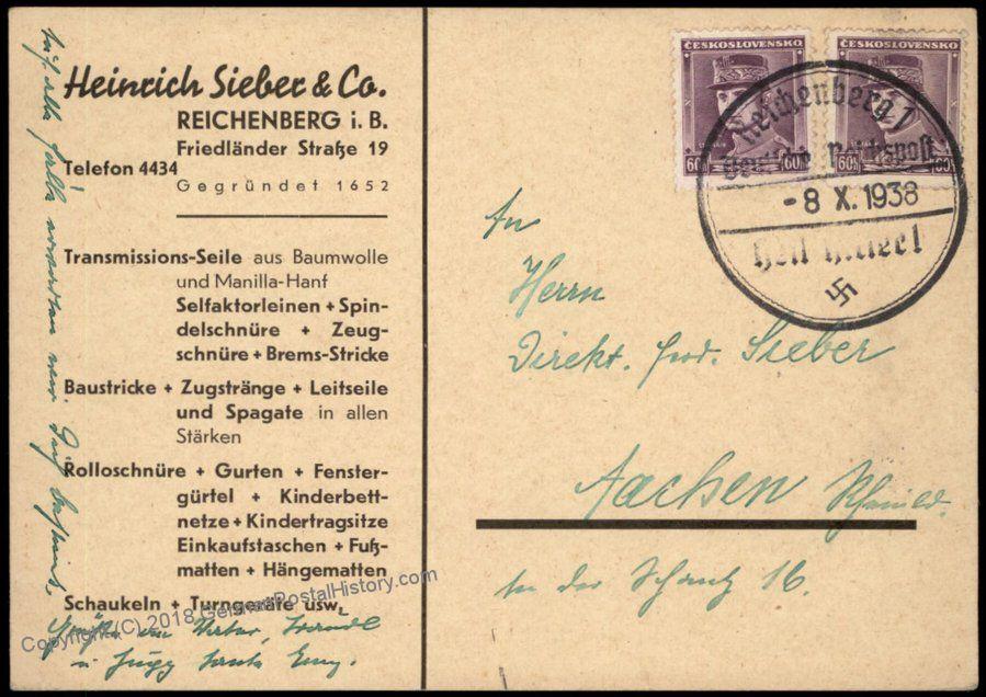 SUDETENLAND 1938: Belege LEIPA und REICHENBERG (Gebraucht) in Zürich