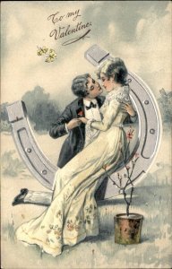 Valentines Romance Couple Horseshoe Gilt Embossed c1900-20s Vintage Postcard
