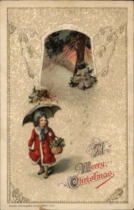 Winsch 1914 Christmas Seals Little Girl with Umbrella Vintage Postcard