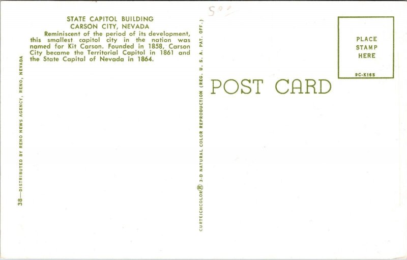 State Capitol Bldg Carson City Nevada NV Postcard UNP VTG Unused Vintage Chrome 