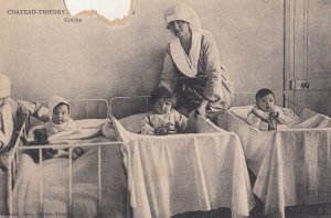 Chateau Thierry French Hospital Newborn Babies & Nurse Antique Postcard