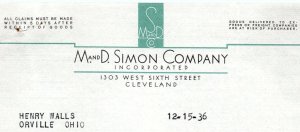 1936 M AND D SIMON CO TYBEST SCARF SINCERE SHIRT CLEVELAND BILLHEAD INVOICE Z580