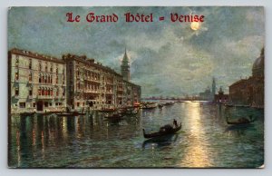 Le Grand Hotel Venice Italy Moonlit View with Boat Rides Vintage Postcard A218