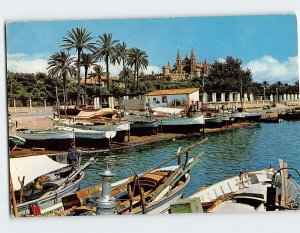 Postcard Fishermen port and cathedral, Palma, Spain