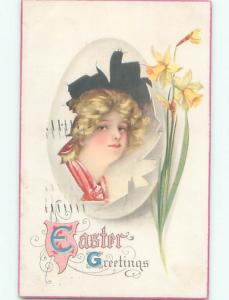 Pre-Linen Easter FACE OF PRETTY WOMAN INSIDE EGG SHELL AB4094