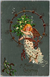 A Merry Christmas Flying Cherub Cupid Girl w/ Xmas Tree Postcard