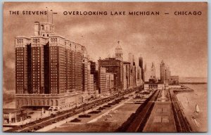 Chicago Illinois 1940s Postcard The Stevens Hotel Overlooking Lake Michigan