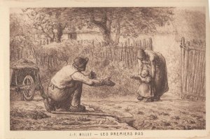 JF Millet Les Premiers Pas Farmer & Baby Painting Old Postcard