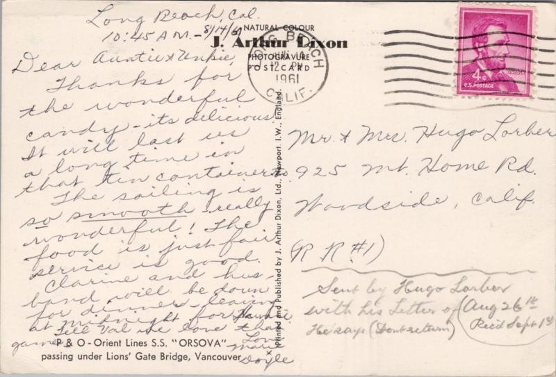 SS Orsova Lions Gate Bridge Vancouver BC c1961 J. Arthur Dixon Postcard D53