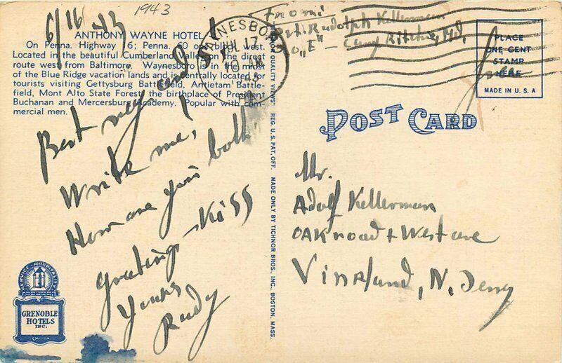 Anthony Wayne Hotel Roadside Waynesboro Pennsylvania 1943 Postcard Tichnor 5173