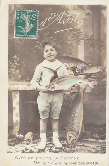 1er Avril April Fool's Day Young Boy Holding Fish 1912