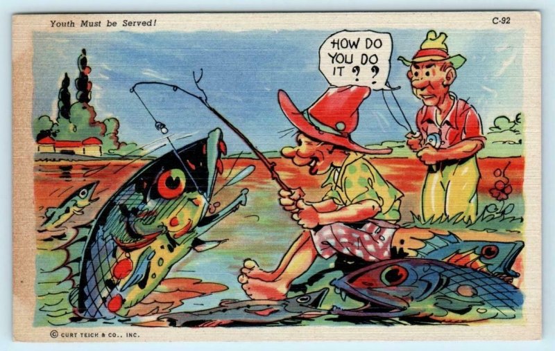 RAY WALTERS Fishermen Comics YOUTH MUST Be SERVED c1940s Linen C-92 Postcard