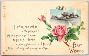 1922 Pink Roses & House Landscape Best Wishes Greetings Posted Postcard