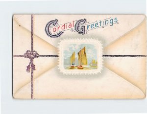 Postcard Cordial Greetings with Boats Mail Embossed Art Print