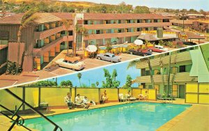La Jolla CA Sands Motor Lodge Old Cars Swimming Pool Duo View Postcard