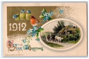 1912 New Year Greetings John Winsch Birds Pansies Flowers Woman Cows Postcard