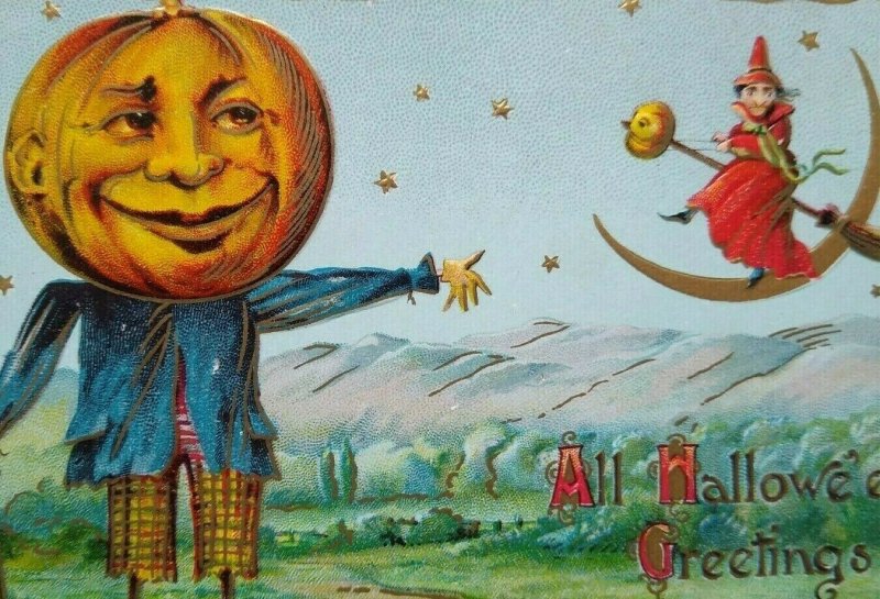 Vintage Halloween Postcard Gottschalk Big Head Human Face Scarecrow Witch 2040