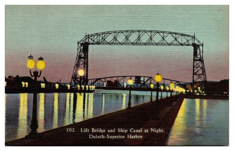 1937 Lift Bridge and Ship Canal at Night, Duluth, MN Postcard