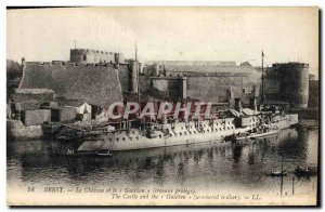 Old Postcard Boat Brest Castle and the protected cruiser Guichen