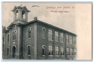 1908 Greeting From Preston High School Building Iowa IA Antique Posted Postcard