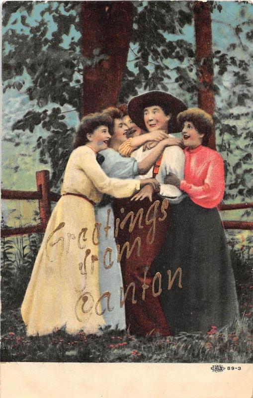 Oklahoma Ok Postcard 1908 Greetings from CANTON Women Man