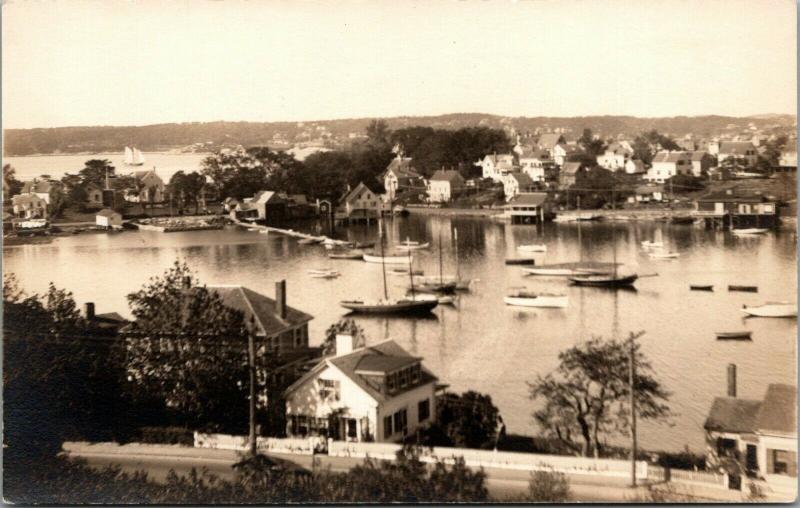 Glouster MA~Homes on Land Mass~Schooners This Side~Sailboat on Other~RPPC c1931 