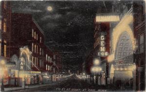 St Paul Minnesota~7th Street @ Night~Storefronts~Bar~Candies~The Gem~c1910 Pc
